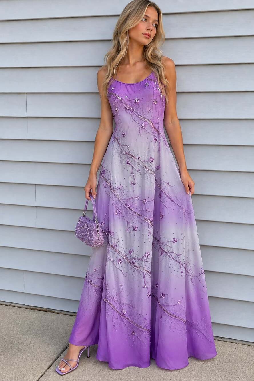 Vintage Aspeed XL Purple Ombre Beaded Sequin Maxi Dress Y2K Fairycore Gown